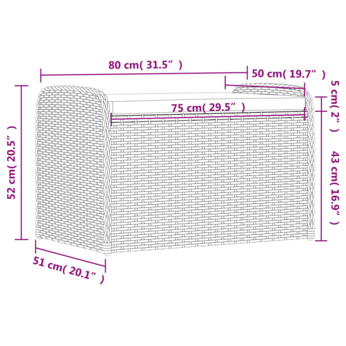 Banc de rangement et coussin marron 80x51x52 cm résine tressée – Image 9