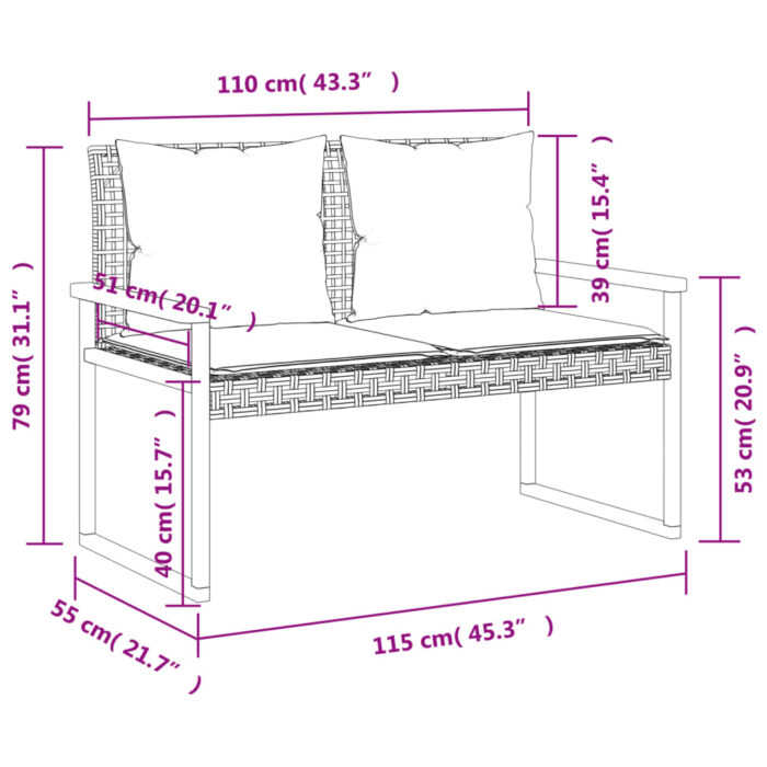 Banc de jardin avec coussin noir résine tressée et acacia – Image 8