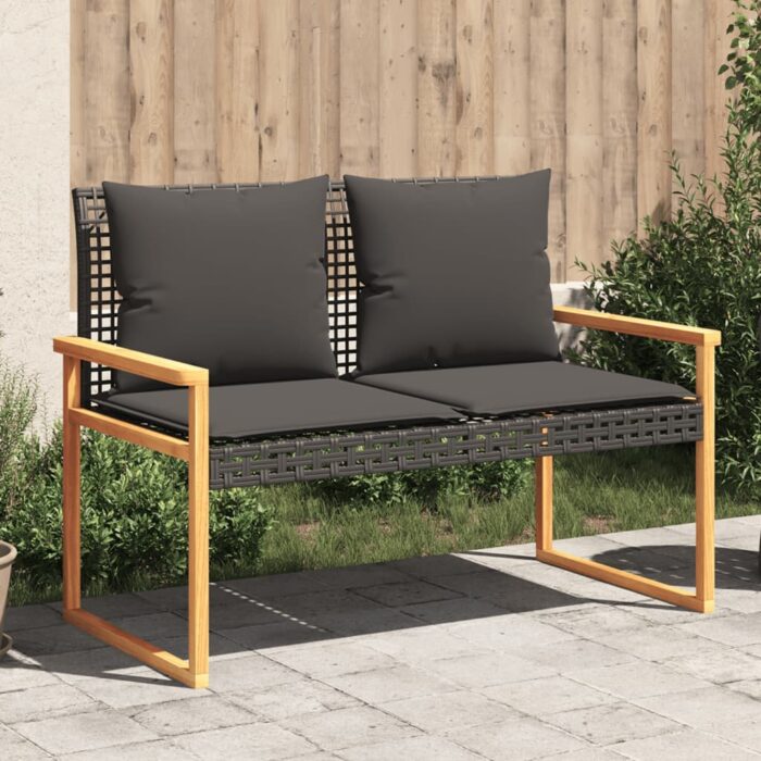 Banc de jardin avec coussin noir résine tressée et acacia – Image 1