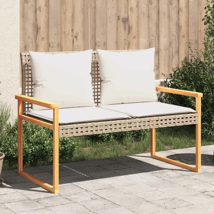 Banc de jardin avec coussin mélange beige résine tressée acacia – Image 1