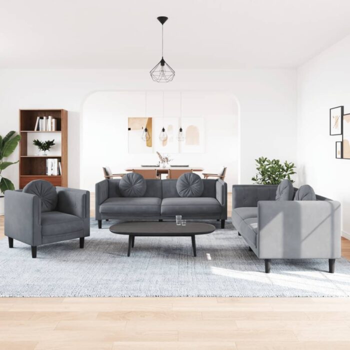 Ensemble de canapés 3 pcs avec coussins gris foncé velours – Image 1