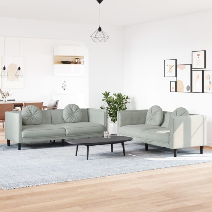 Ensemble de canapés 2 pcs avec coussins gris clair velours – Image 1