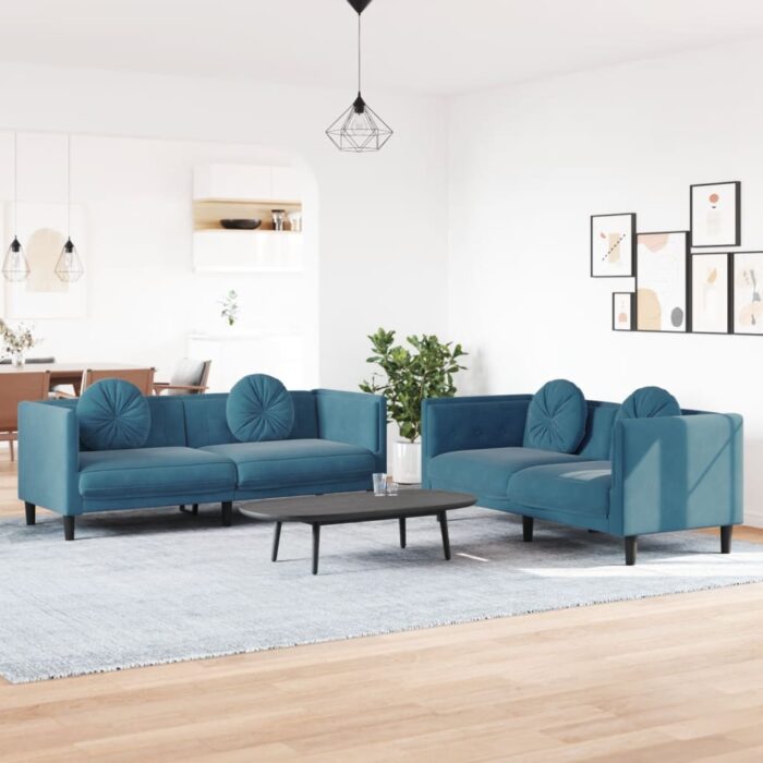 Ensemble de canapés 2 pcs avec coussins bleu velours – Image 1