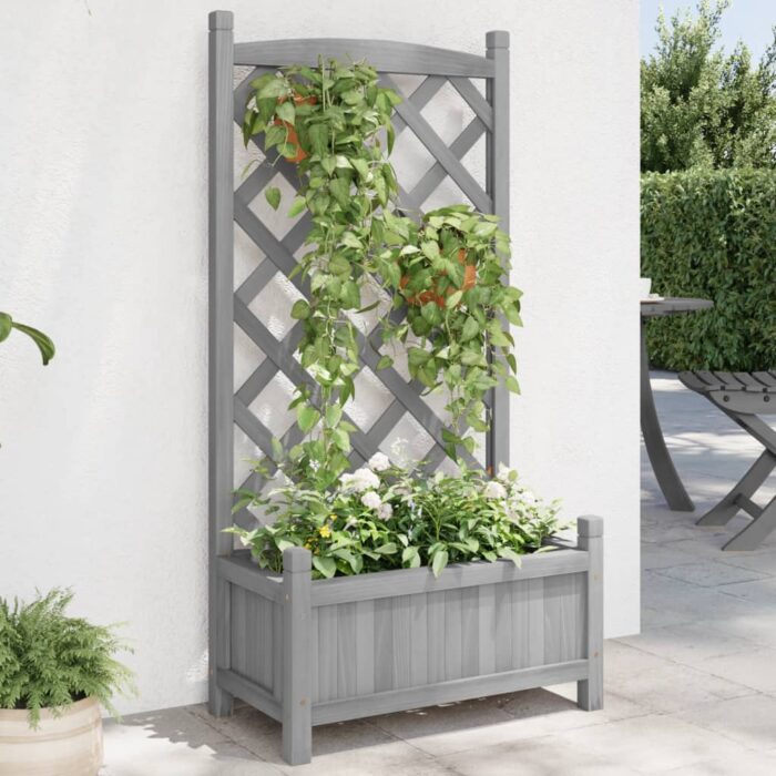 Jardinière avec treillis gris bois massif de sapin – Image 1
