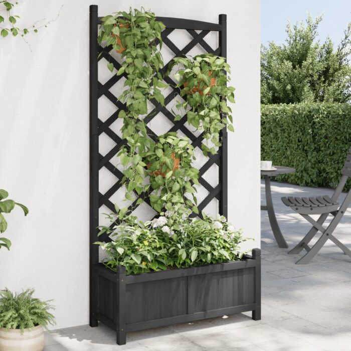Jardinière avec treillis noir bois massif de sapin – Image 1