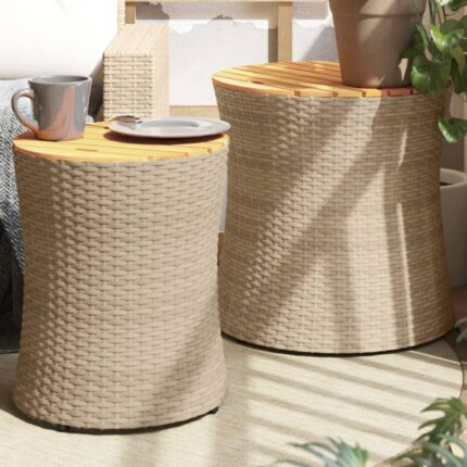 Tables d'appoint de jardin 2pcs dessus en bois beige poly rotin