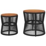 Tables d'appoint de jardin 2 pcs dessus en bois noir poly rotin – Image 2