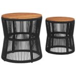 Tables d'appoint de jardin 2 pcs dessus en bois noir poly rotin – Image 4