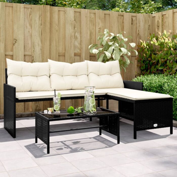 Canapé de jardin avec table et coussins en forme de L noir – Image 1