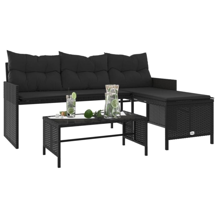 Canapé de jardin avec table et coussins en forme de L noir – Image 2