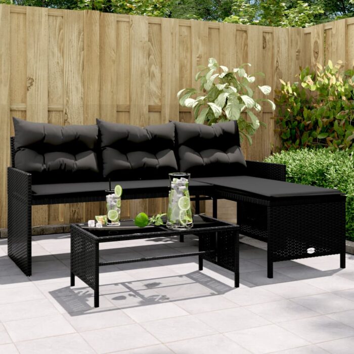 Canapé de jardin avec table et coussins en forme de L noir – Image 1