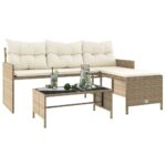 Canapé de jardin avec table et coussins en forme de L beige – Image 2