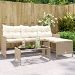 Canapé de jardin avec table et coussins en forme de L beige