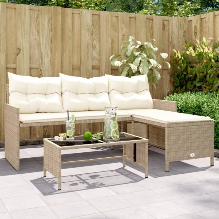 Canapé de jardin avec table et coussins en forme de L beige – Image 1
