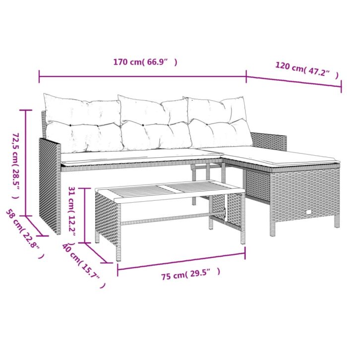 Canapé de jardin avec table et coussins en forme de L noir – Image 8