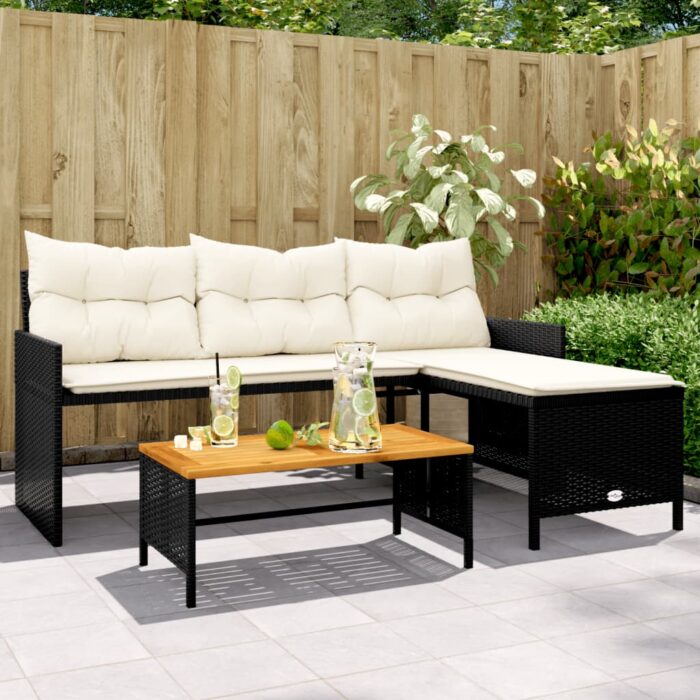 Canapé de jardin avec table et coussins en forme de L noir – Image 1