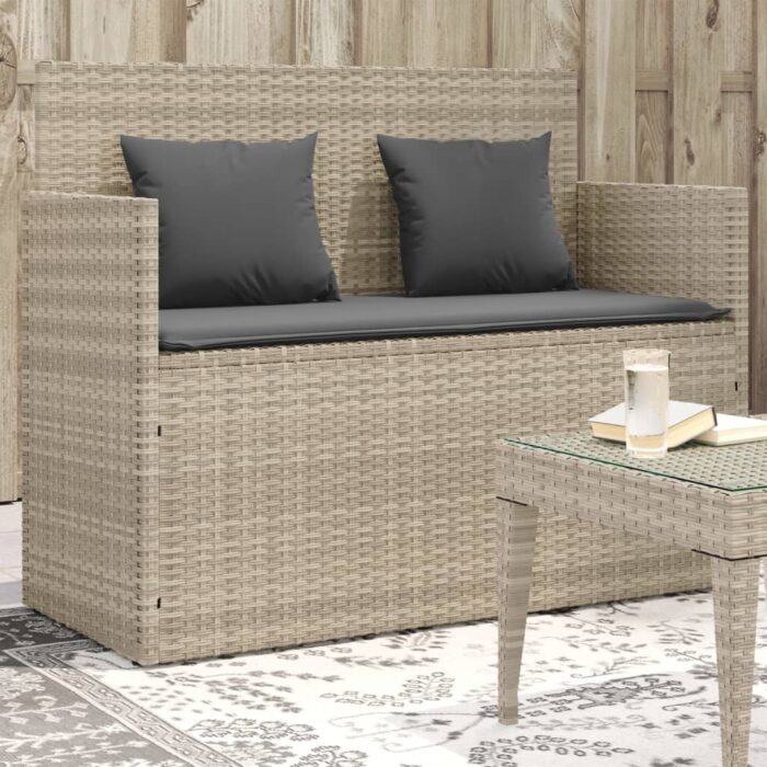 Banc de jardin avec coussins gris clair résine tressée – Image 1