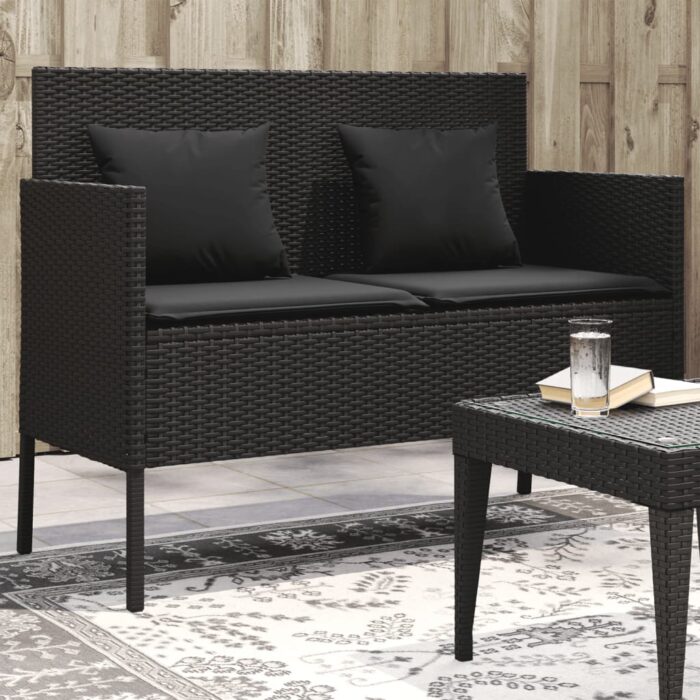Banc de jardin avec coussins noir résine tressée – Image 1