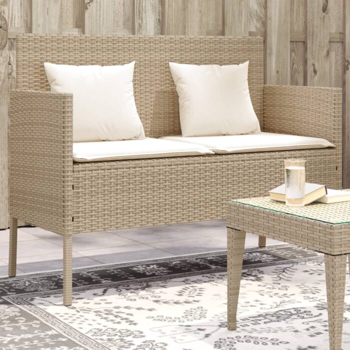 Banc de jardin avec coussins beige résine tressée – Image 1
