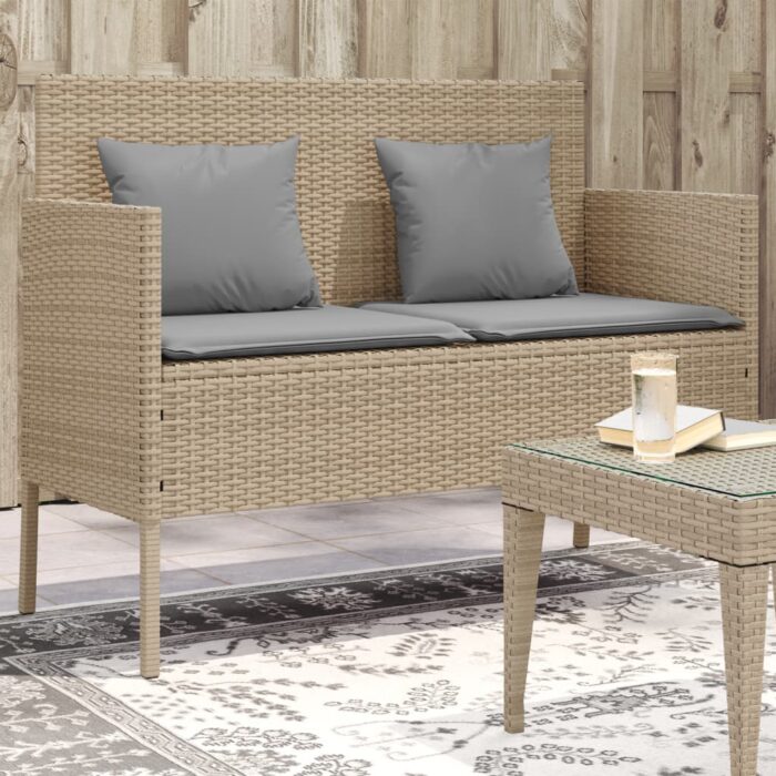 Banc de jardin avec coussins beige résine tressée – Image 1