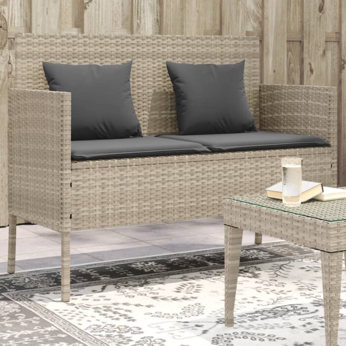 Banc de jardin avec coussins gris clair résine tressée – Image 1