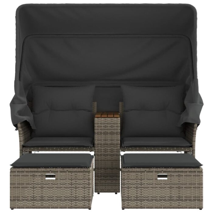 Canapé de jardin 2 places avec auvent et tabourets gris rotin – Image 2