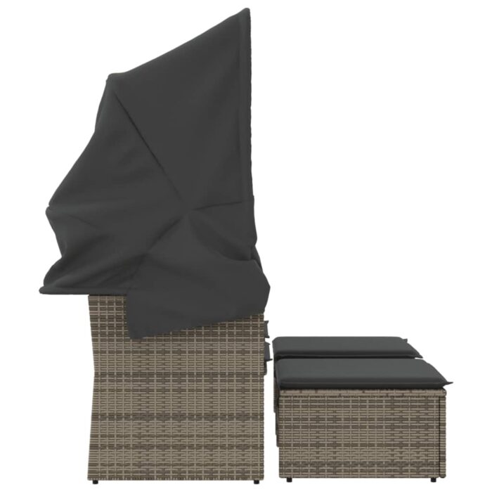 Canapé de jardin 2 places avec auvent et tabourets gris rotin – Image 3