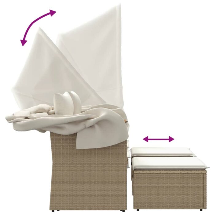 Canapé de jardin 2 places avec auvent et tabourets beige rotin – Image 5