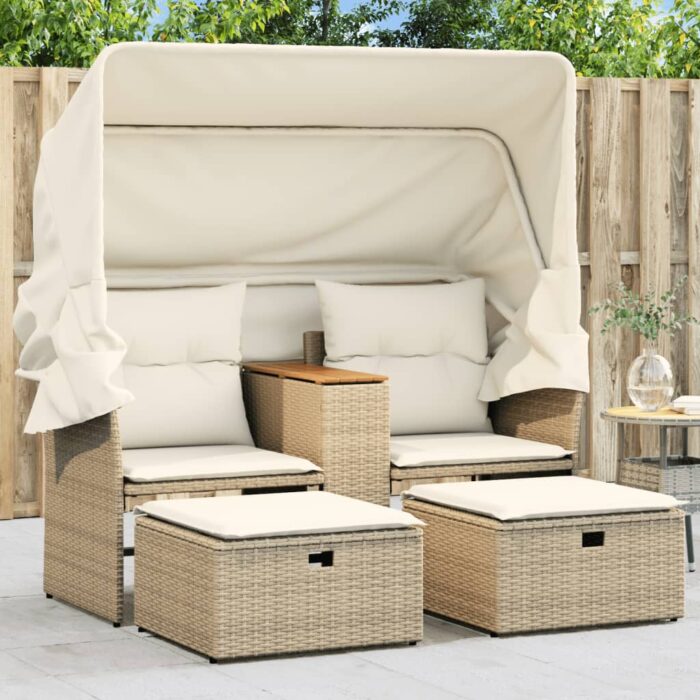 Canapé de jardin 2 places avec auvent et tabourets beige rotin – Image 1