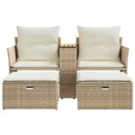 Canapé de jardin 2 places avec tabourets beige résine tressée – Image 2