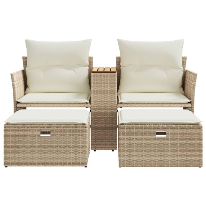 Canapé de jardin 2 places avec tabourets beige résine tressée – Image 2