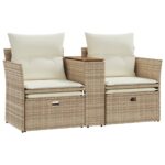 Canapé de jardin 2 places avec tabourets beige résine tressée – Image 5