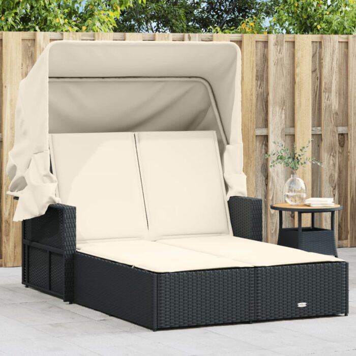 Chaise longue double et auvent et coussins noir résine tressée – Image 1