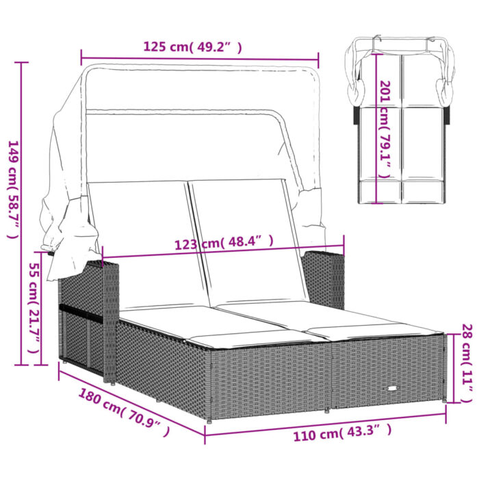 Chaise longue double avec auvent et coussins marron poly rotin – Image 10