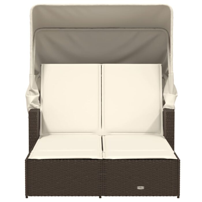 Chaise longue double avec auvent et coussins marron poly rotin – Image 2