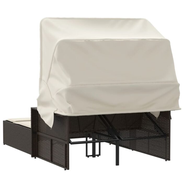 Chaise longue double avec auvent et coussins marron poly rotin – Image 4