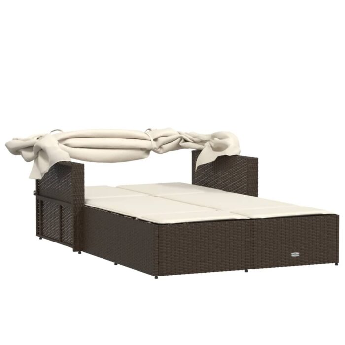 Chaise longue double avec auvent et coussins marron poly rotin – Image 5