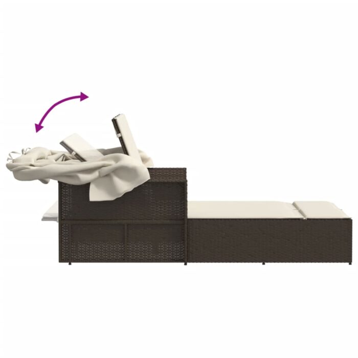 Chaise longue double avec auvent et coussins marron poly rotin – Image 6