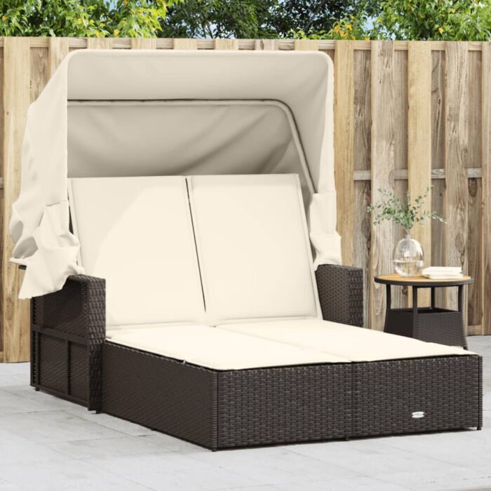 VXL8721012309807_m_en_hd_1.jpg Chaise longue double avec auvent et coussins marron poly rotin – Image 1
