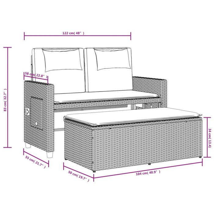 Banc inclinable de jardin avec coussins gris résine tressée – Image 12