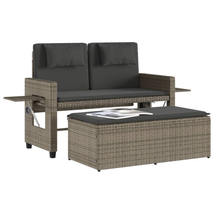 Banc inclinable de jardin avec coussins gris résine tressée – Image 2