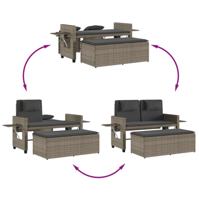 Banc inclinable de jardin avec coussins gris résine tressée – Image 7