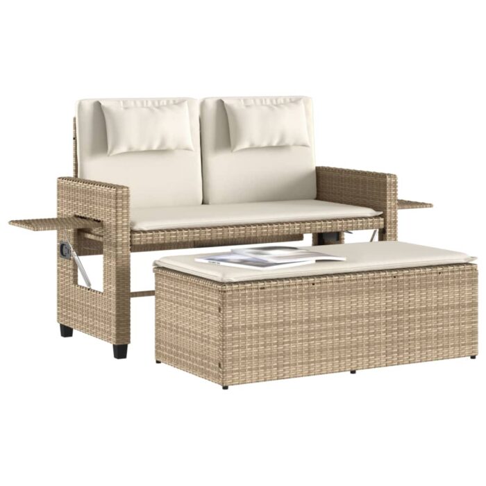 Banc inclinable de jardin avec coussins beige résine tressée – Image 2