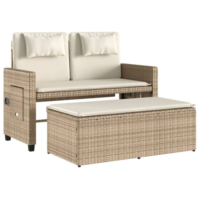 Banc inclinable de jardin avec coussins beige résine tressée – Image 3