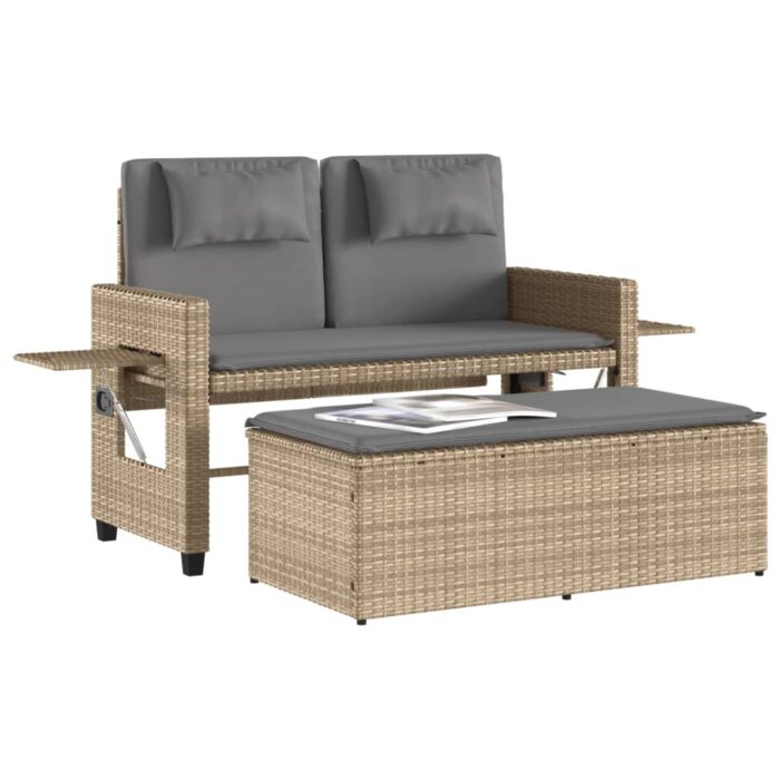 Banc inclinable de jardin avec coussins beige résine tressée – Image 2