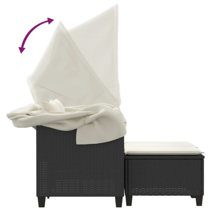 Canapé de jardin 2 places avec auvent et tabourets noir rotin – Image 6