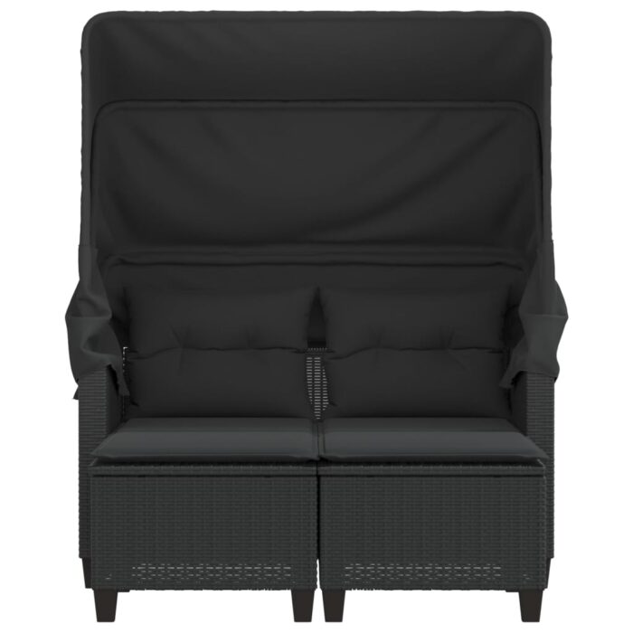 Canapé de jardin 2 places avec auvent et tabourets noir rotin – Image 3