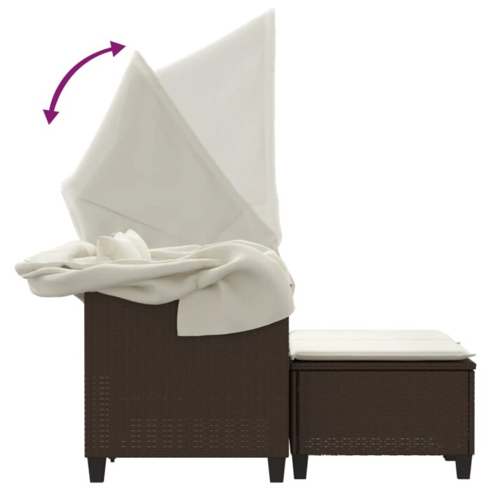 Canapé de jardin 2 places avec auvent et tabourets marron rotin – Image 6