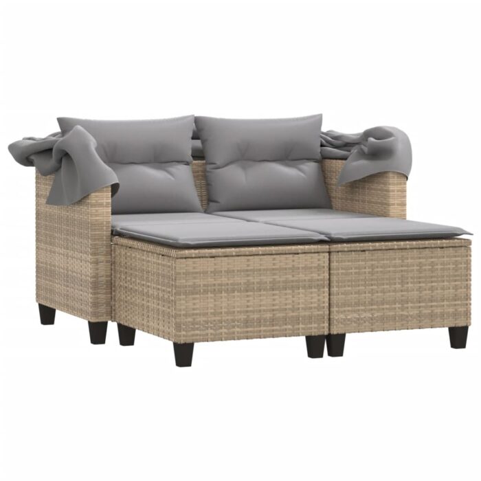 Canapé de jardin 2 places avec auvent et tabourets beige rotin – Image 2