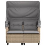 Canapé de jardin 2 places avec auvent et tabourets beige rotin – Image 3